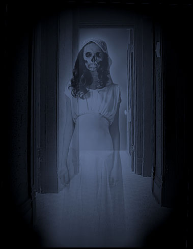 A menancing ghost, eyes filled with hatred, stared at him.